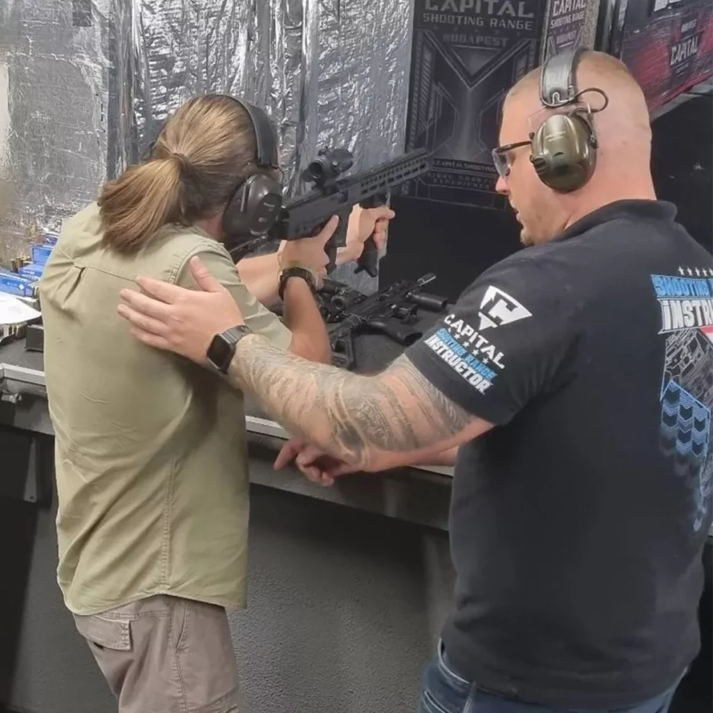 Showing proper shooting stance at Budapest Shooting